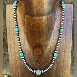 Southwestern Sterling Silver Turquoise 4mm Pearls Bead Necklace. 18 Inch. Gift